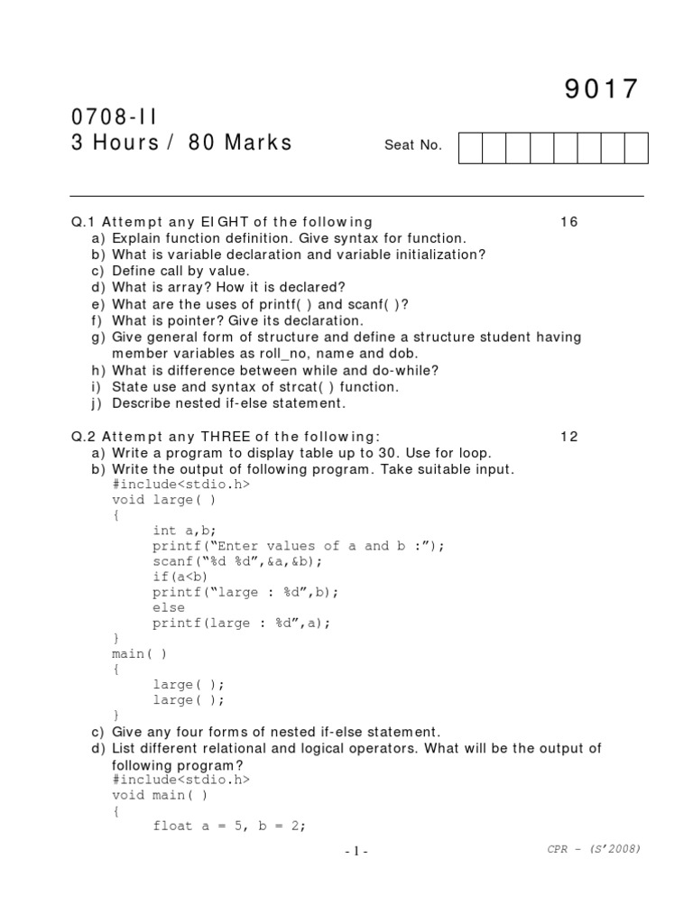 CPR MSBTE - Summer 2008 | PDF | C (Programming Language) | Pointer ...