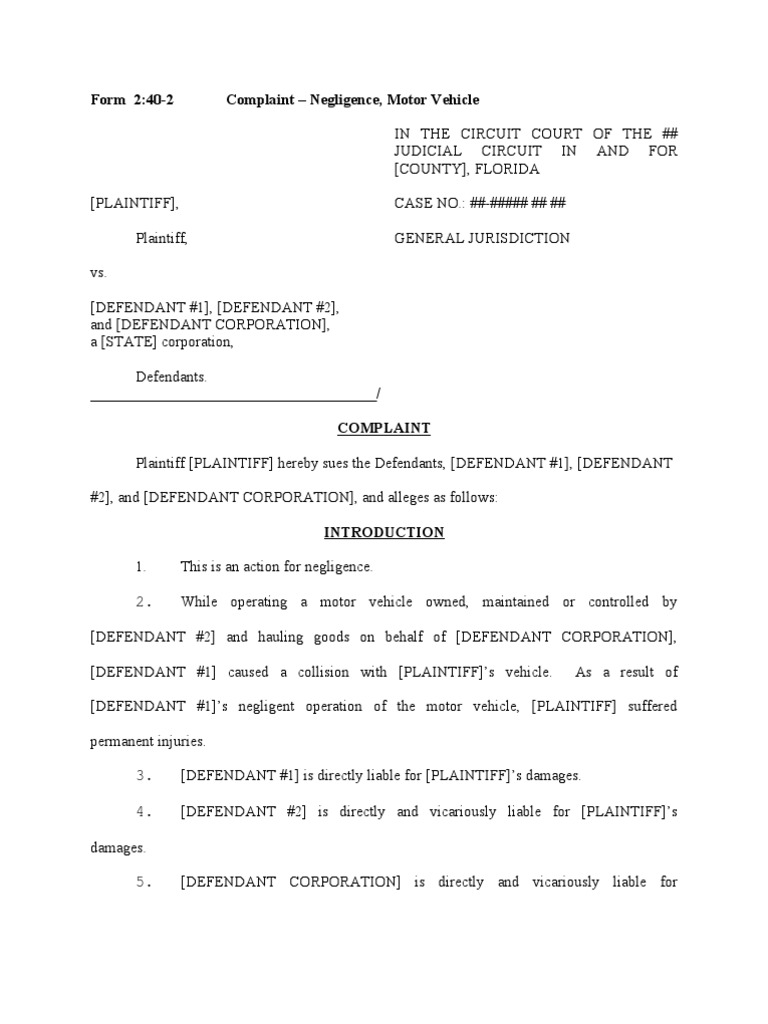 Complaint Negligence, Motor Vehicle Duty Of Care Negligence