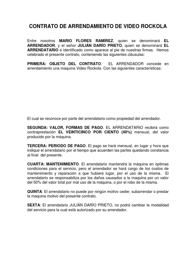 Contrato arrendamiento video rockola PDF