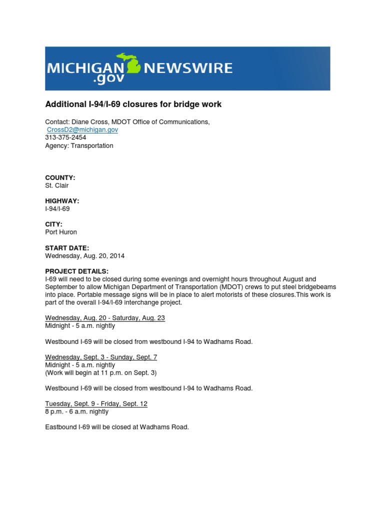 Additional I-94/I-69 Closures For Bridge Work | PDF