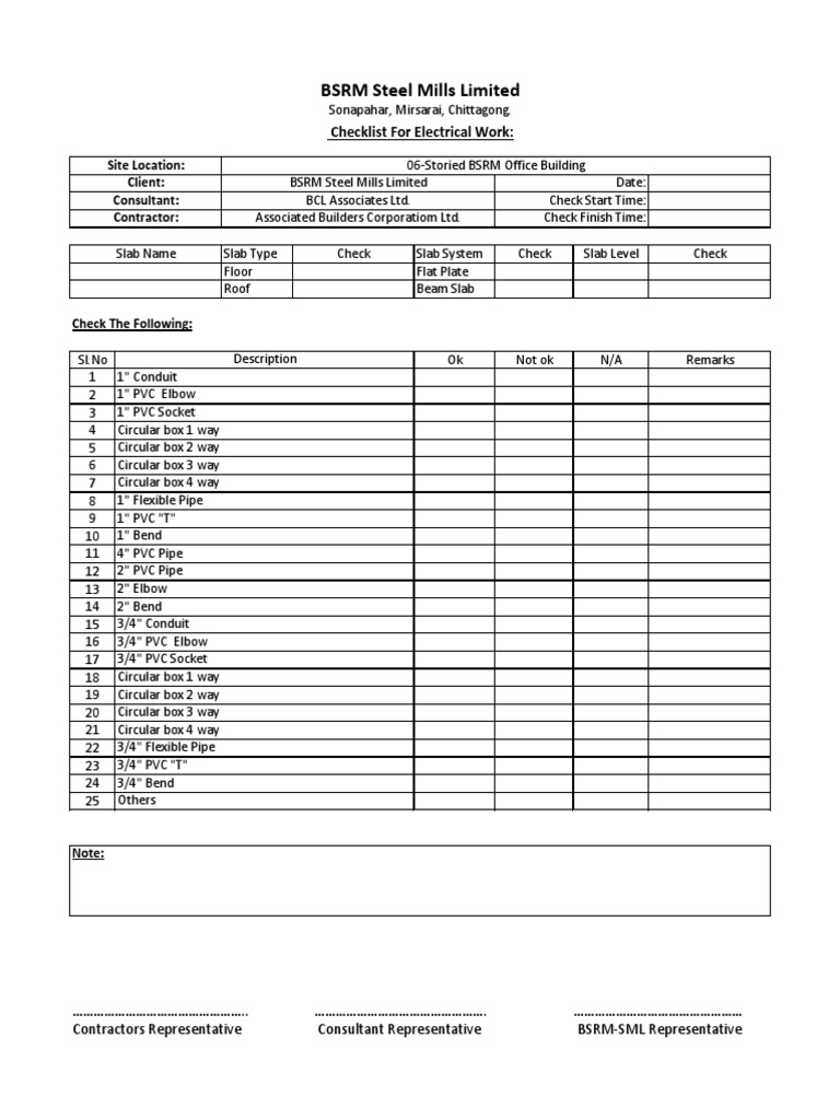 Electrical Work Checklist for BSRM Office | PDF