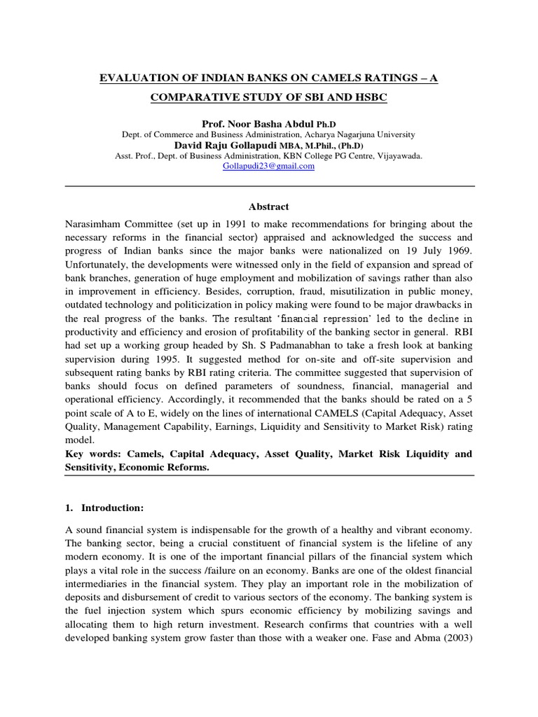 Evaluation of Indian Banks On Camels Ratings - A Comparative Study of