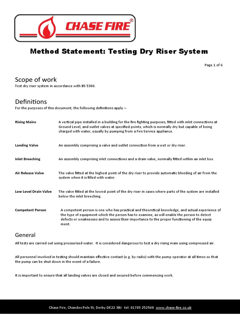 Chase Method Statement Dry Riser Testing | PDF | Valve | Personal ...