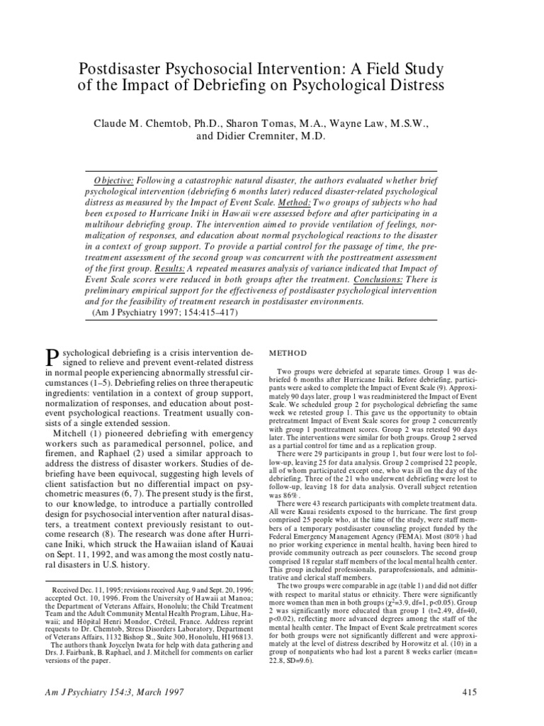 Postdisaster Psychosocial Intervention: A Field Study of The Impact of ...