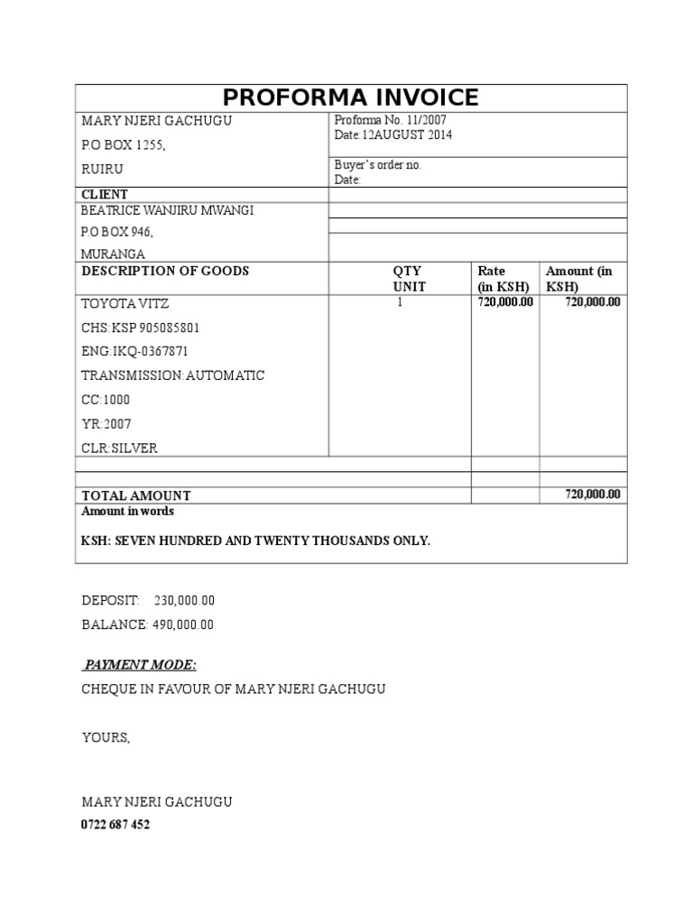 Proforma Invoice: Mary Njeri Gachugu P.O BOX 1255, Ruiru | PDF