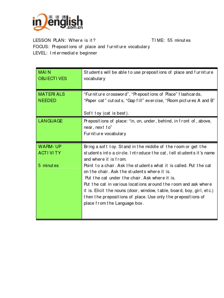 Prepositions of Place Lesson Plan | PDF | Preposition And Postposition ...