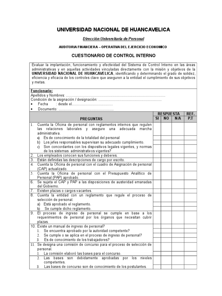 Universidad Hvca - Cuentionario de Control Interno Recursos Humanos ...