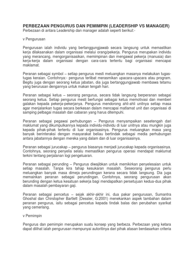 Perbezaan Pengurus Dan Pemimpin