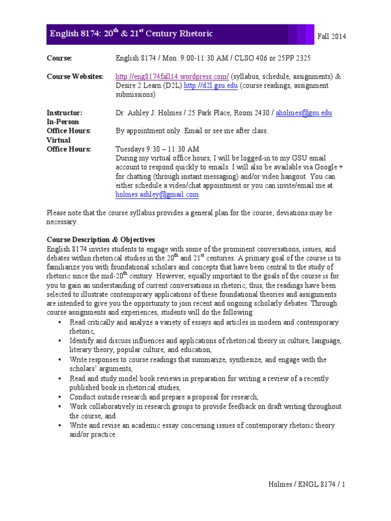 English 8174: 20th & 21st Century Rhetoric Syllabus, Fall 2014 | PDF ...