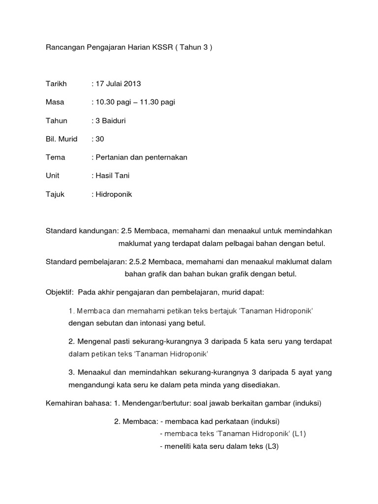 RPH KSSR Bahasa Melayu Tahun 3 Tema: Pertanian dan penternakan