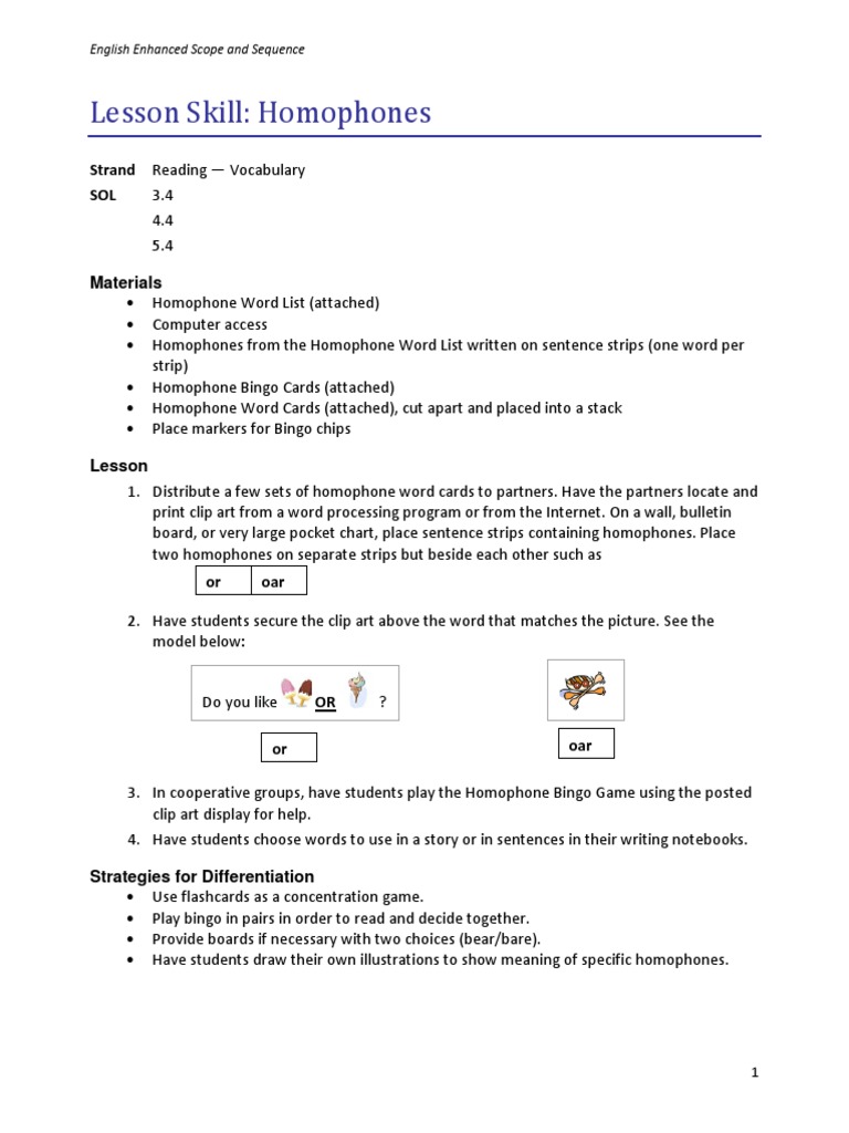 Homophones Lesson Plan & Bingo Game | PDF | Language Arts & Discipline