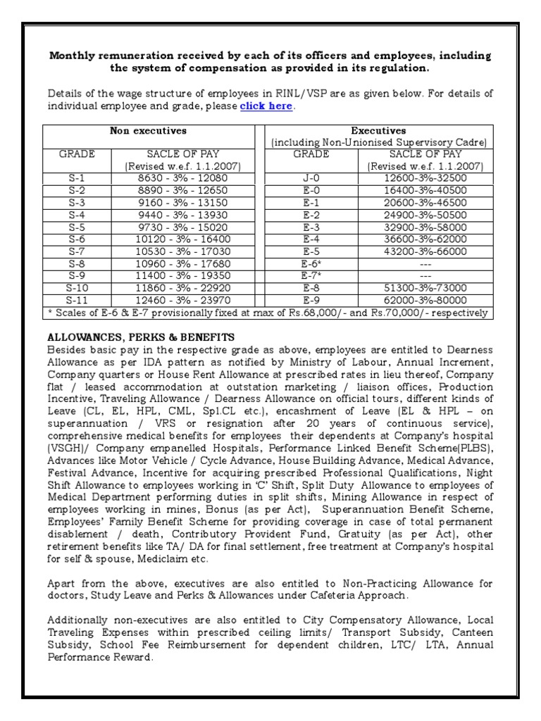 Pay Scales For Executives and NonExecutives at RINL PDF Employee