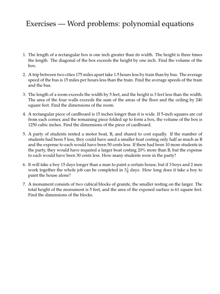 Polynomial Word Problems Exercises | PDF