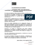 Nota Informativa 075-Mindef Ministro Cateriano Firmó "Declaración de Cartagena" Que Fortalece Cooperación en Defensa en Bloque Unasur