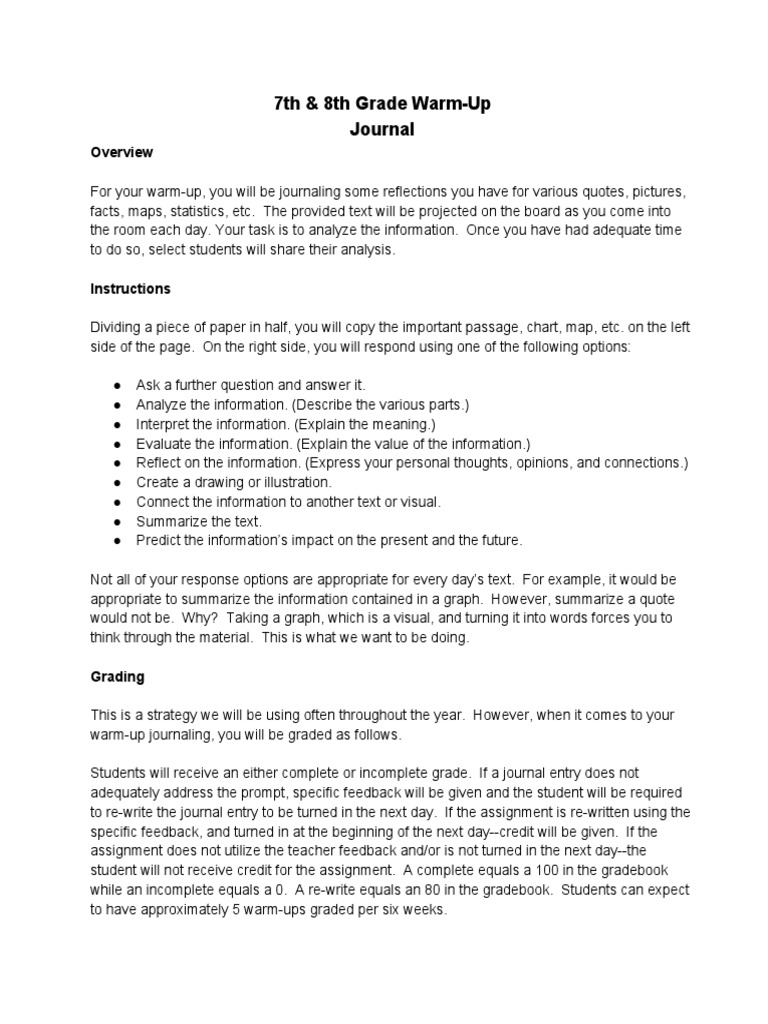 7th & 8th Grade Journal Warm-Up Guide | PDF