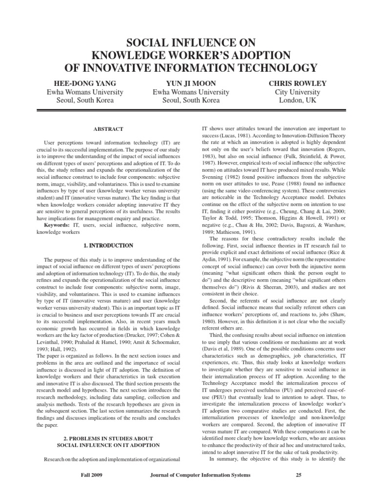 Social Influence on IT Adoption by Knowledge Workers | PDF | Intention ...
