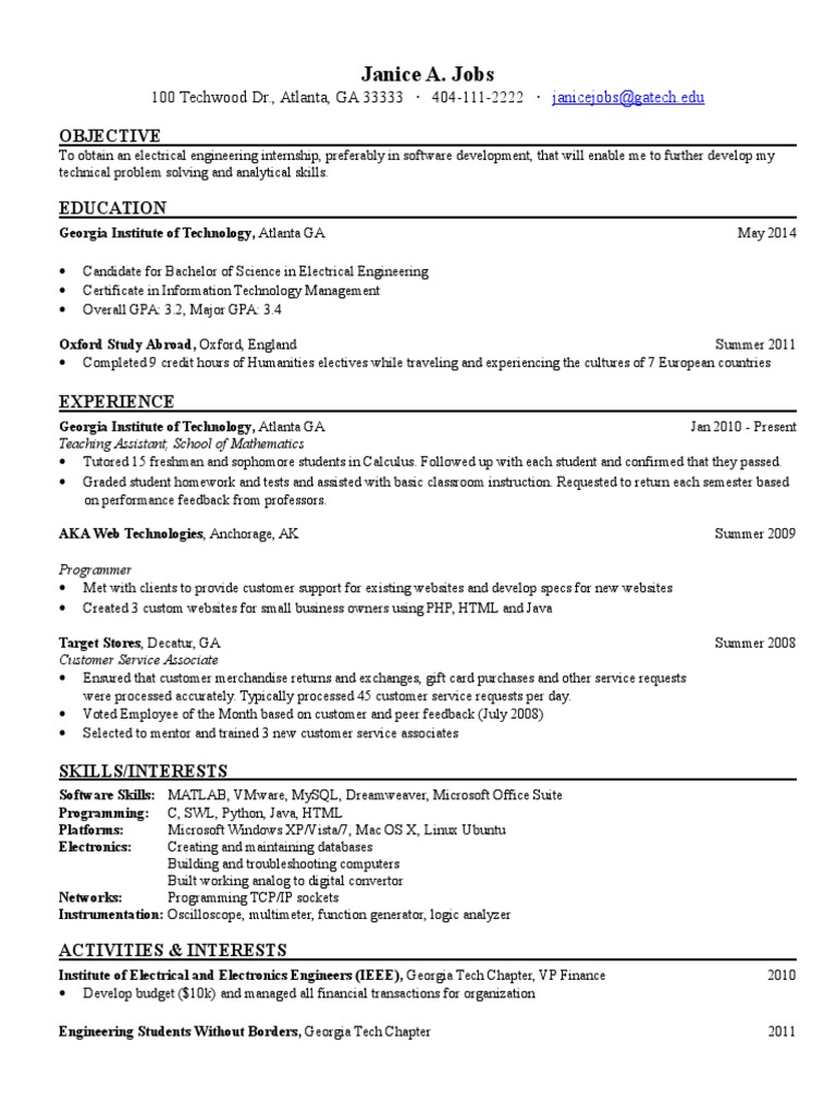 Electrical Engineering Internship Resume | PDF
