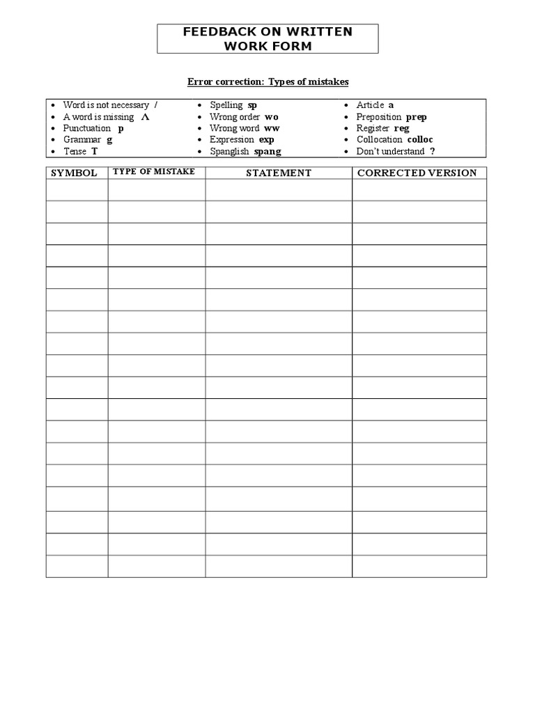 Written Work Feedback Symbols Guide | PDF