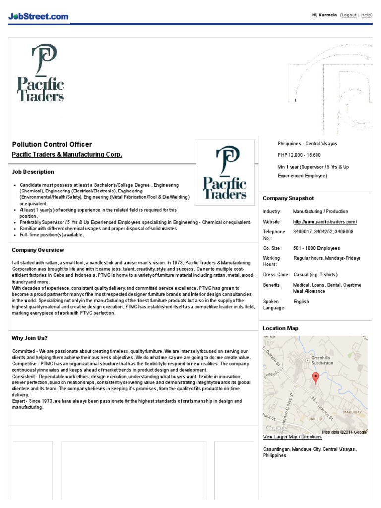 JOB OPENING FOR Pollution Control Officer Pacific Traders & Manufacturing Corp Engineering