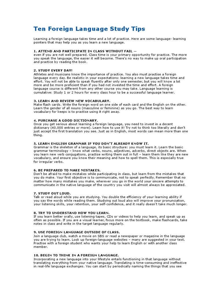 Top 10 Tips for Learning Languages | PDF | Vocabulary | Foreign Language