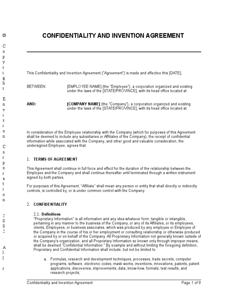 Confidentiality and Invention Agreement Trade Secret Patent