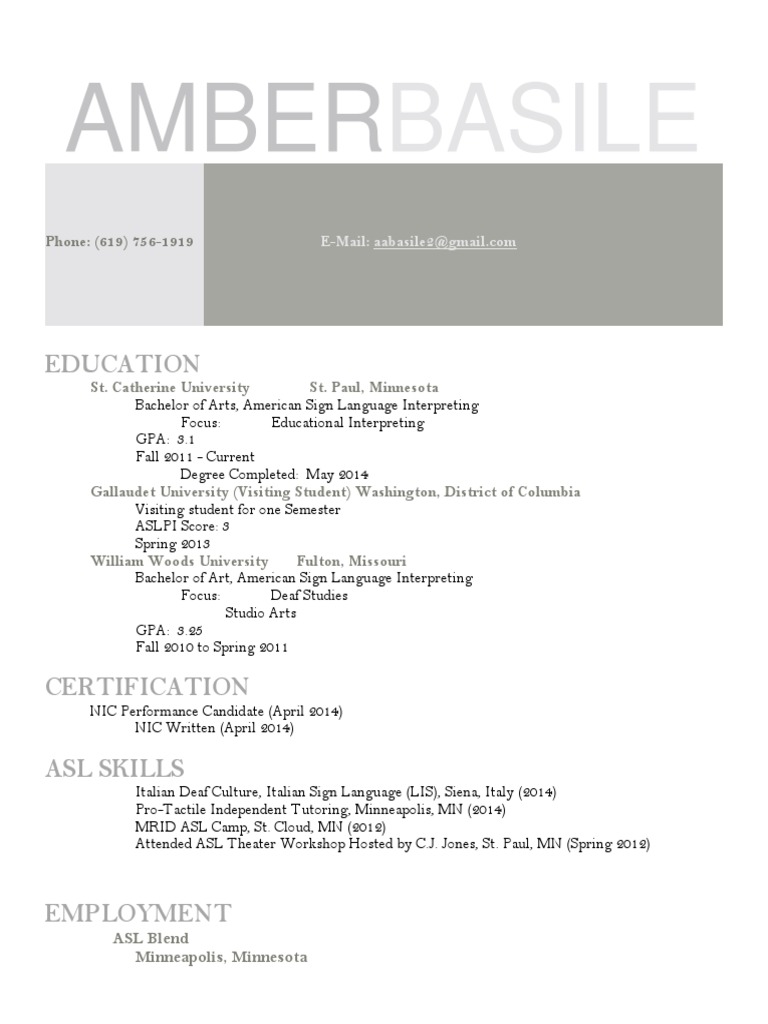 Amber Basile Resume Final | PDF | American Sign Language | University ...