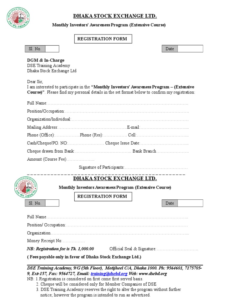 Dhaka Stock Exchange LTD.: NB: Registration Fee Is Tk. 1,000.00 ...