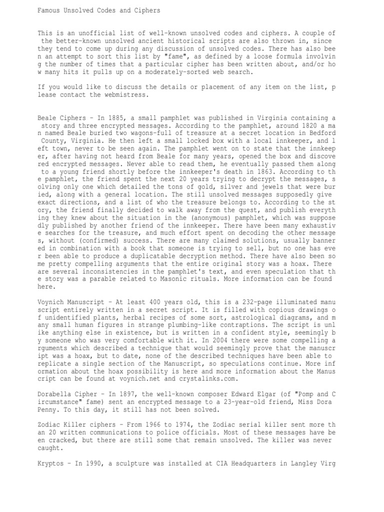 Famous Unsolved Codes and Ciphers PDF Cryptography Military