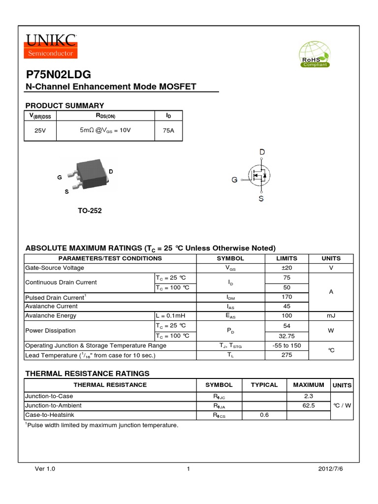 P75N02LDG N-Channel MOSFET Specs | PDF