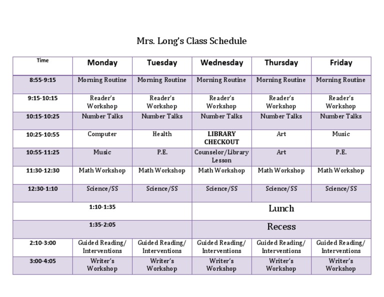 Mrs. Long's Weekly Class Schedule | PDF | Language Arts & Discipline ...