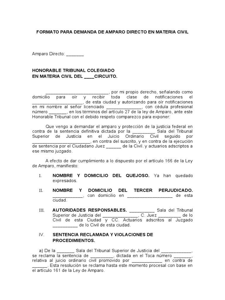 Formato Para Demanda de Amparo Directo en Materia Civil Sentencia (ley) Apelación