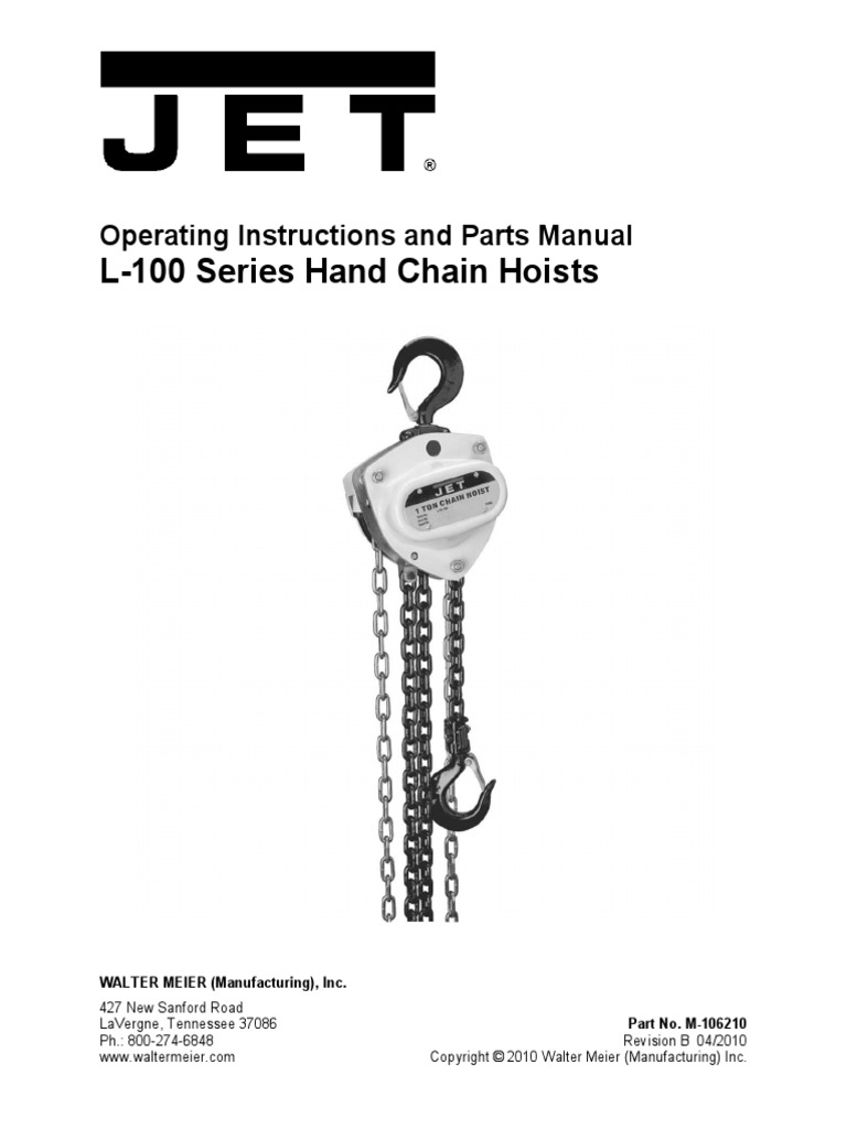 L100 Series Hand Chain Hoists Operating Instructions and Parts Manual PDF