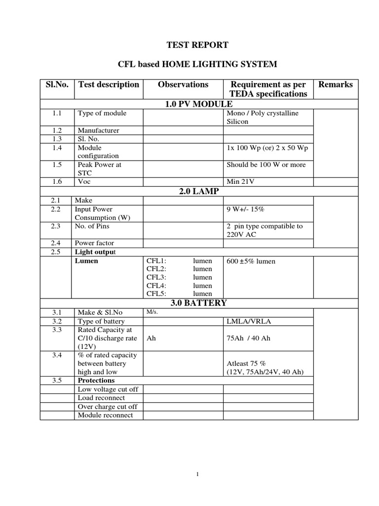 CFL Home Lighting System Test Report | PDF | Battery (Electricity ...