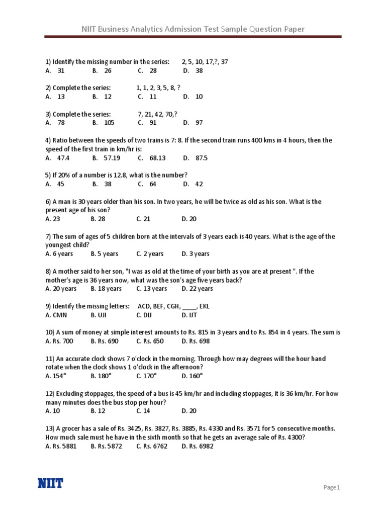 PGCBA Admission Test Sample Question Paper PDF Business