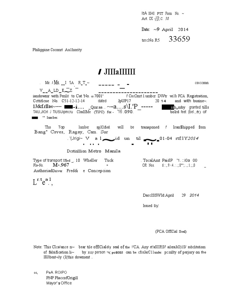 PCA Lumber Transport Clearance Form | PDF