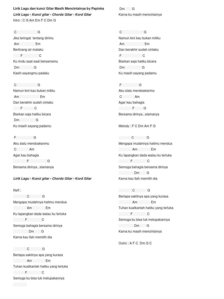 Lirik Lagu Dan Kunci Gitar Masih Mencintainya By Papinka Pdf