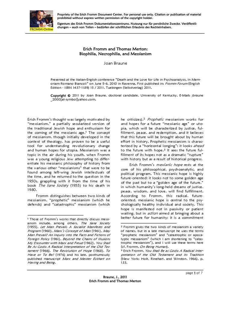 Erich Fromm And Thomas Merton Biophilia Necrophilia And Messianism Joan Braune Erich Fromm Religion And Belief