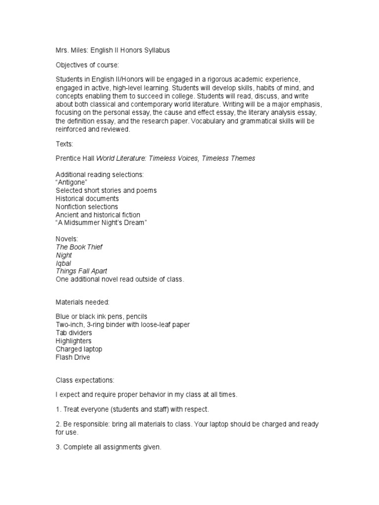Eng II H Syllabus 2 | PDF | Behavior Modification | Communication