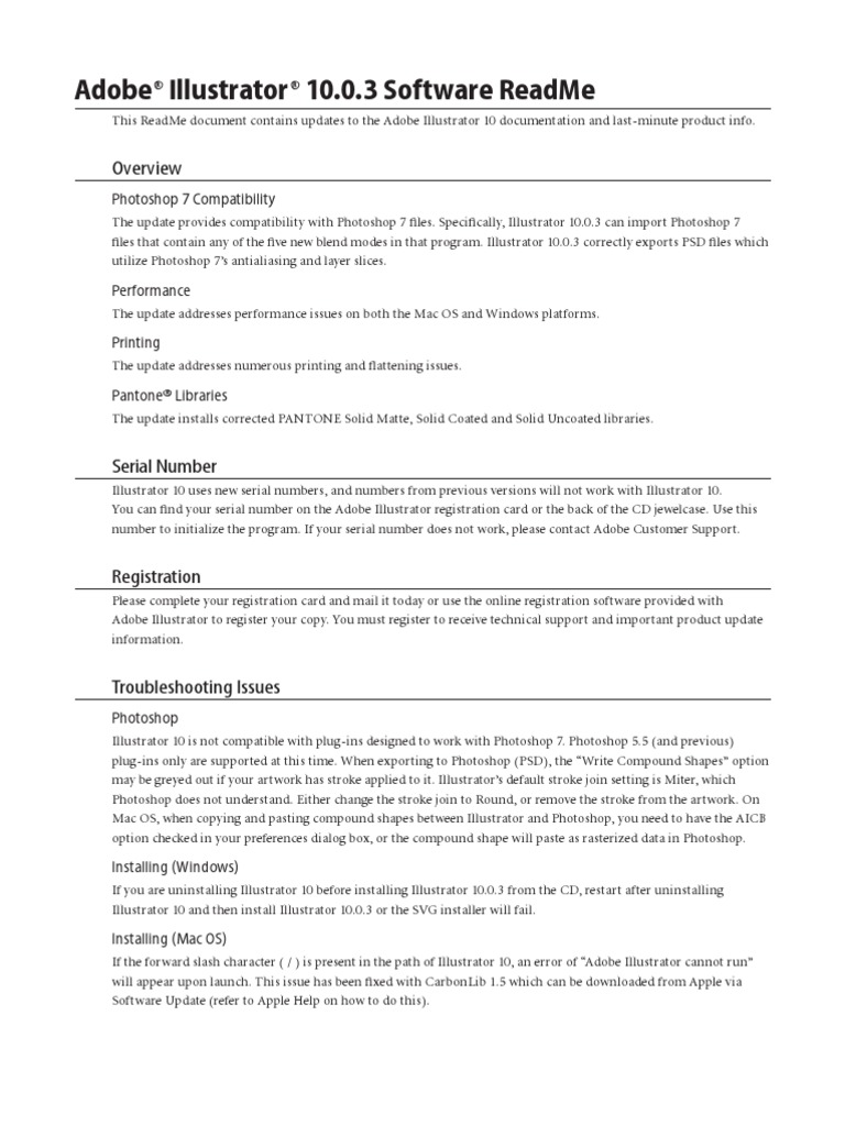 Adobe ® Illustrator ® 10.0.3 Software ReadMe | Download Free PDF ...