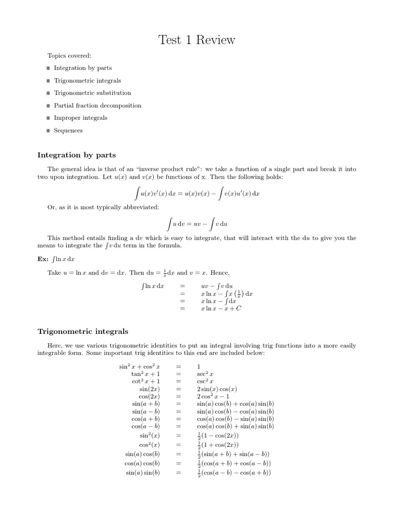 Calculus 2 Test 1 Review Download Free Pdf Trigonometric Functions