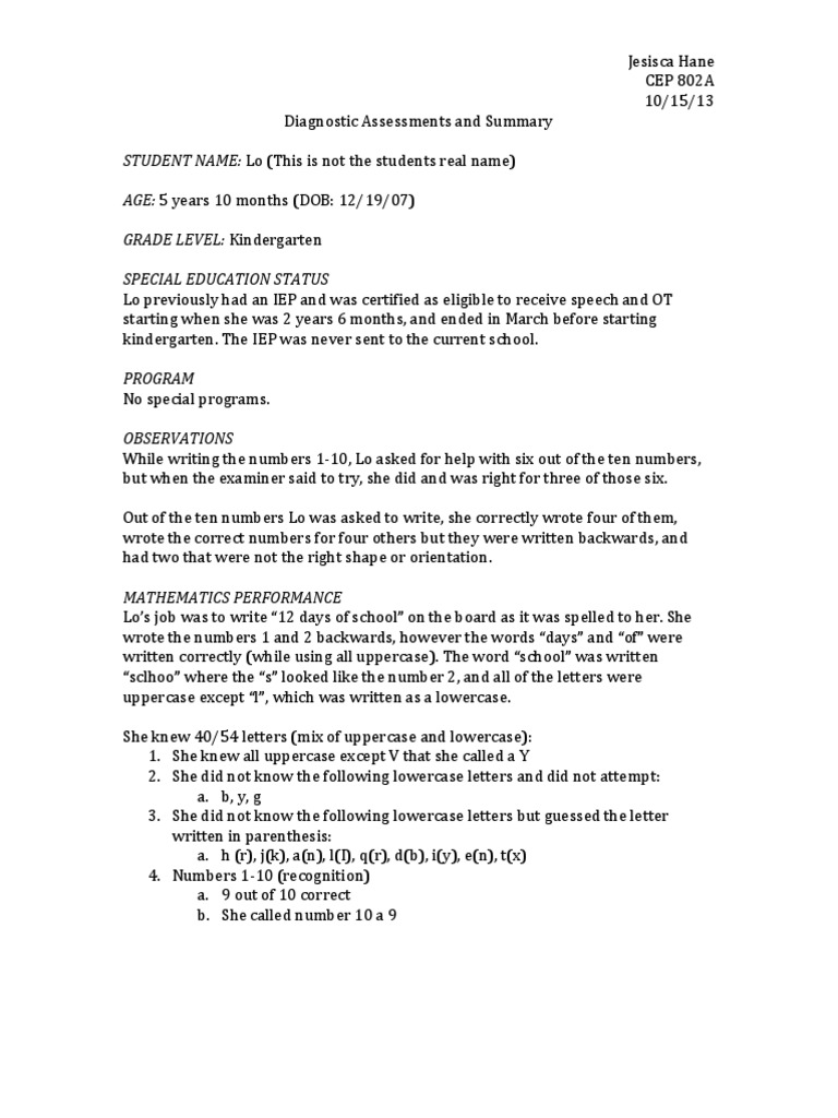 Diagnostic Assessments and Summary PDF Test (Assessment