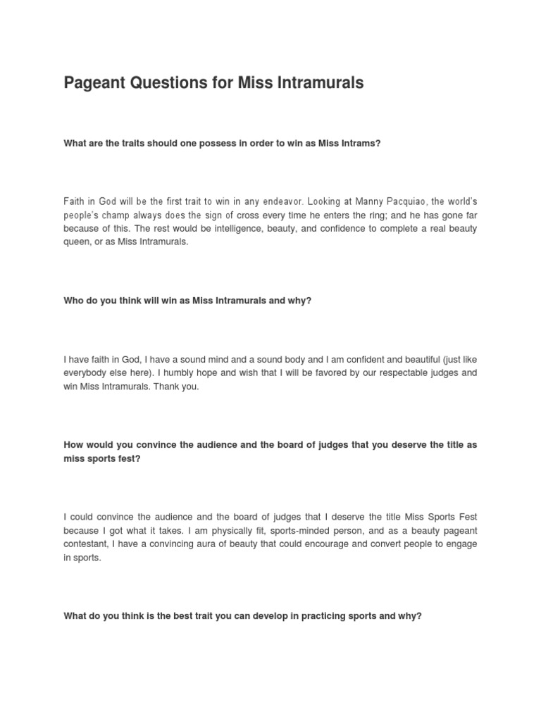 Miss Intramurals Pageant Questions | PDF | Sports