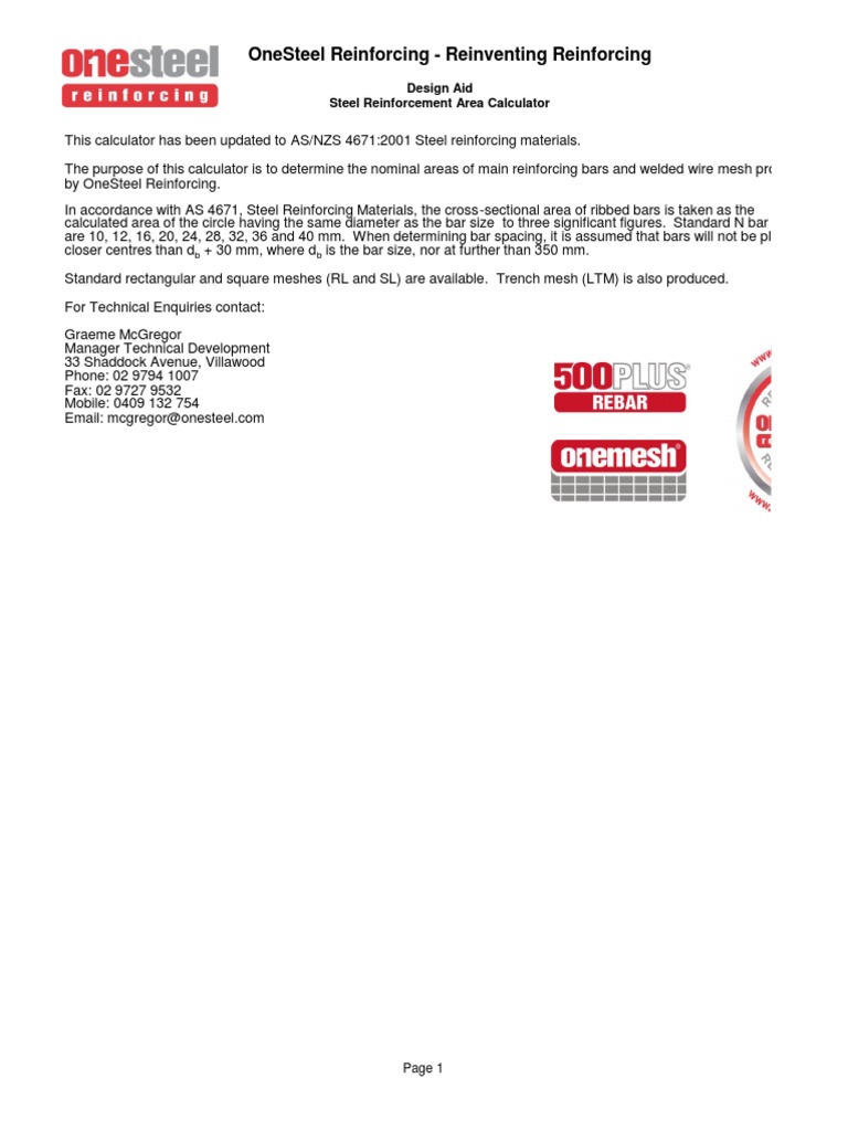 OneSteel Reinforcing Area Calculator | PDF | Manmade Materials | Industries