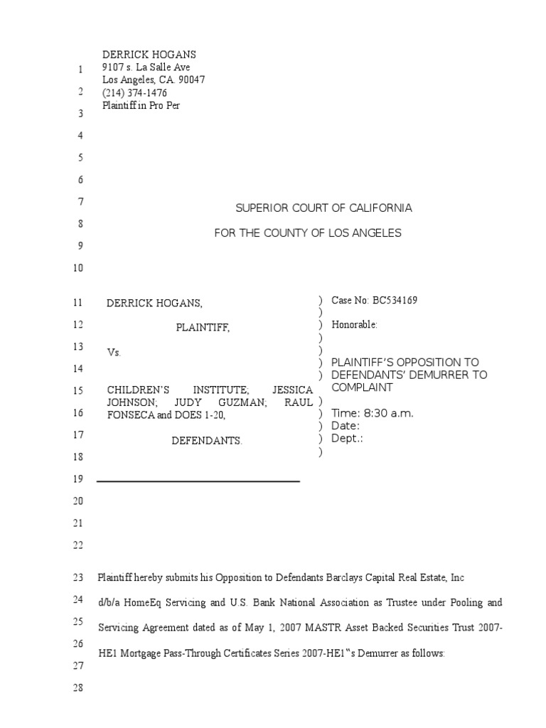 Derrick's Opposition To Demurrer | PDF | Foreclosure | Loans