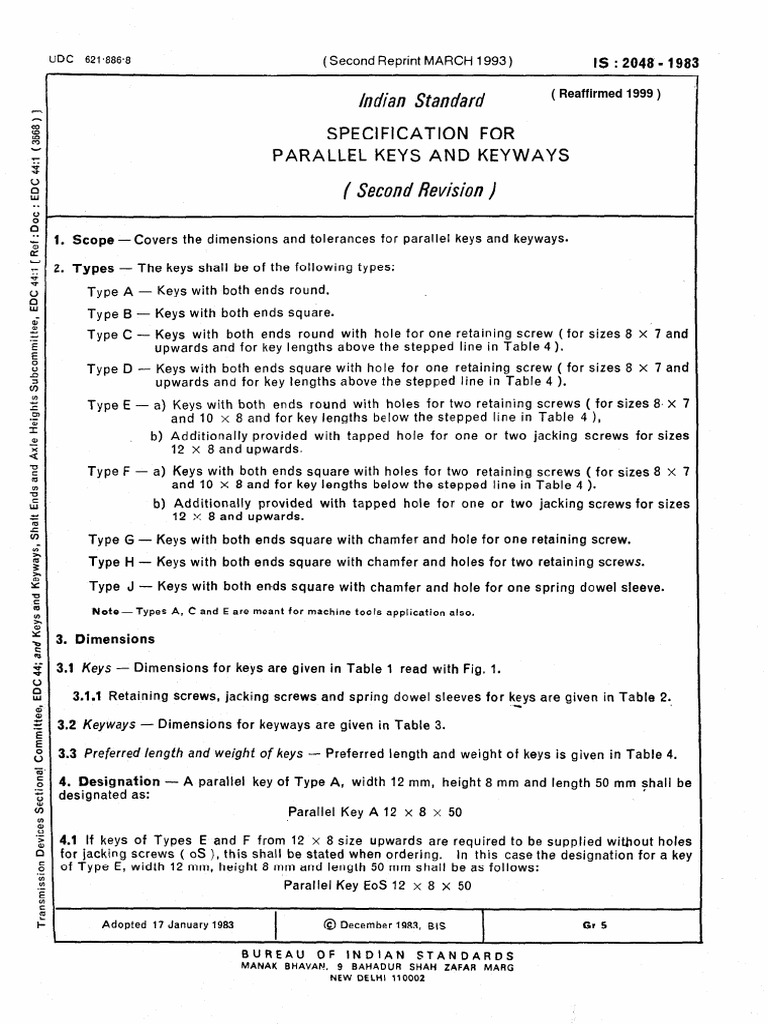 Parallel Keys Is.2048.1983 | PDF | Screw | Engineering Tolerance