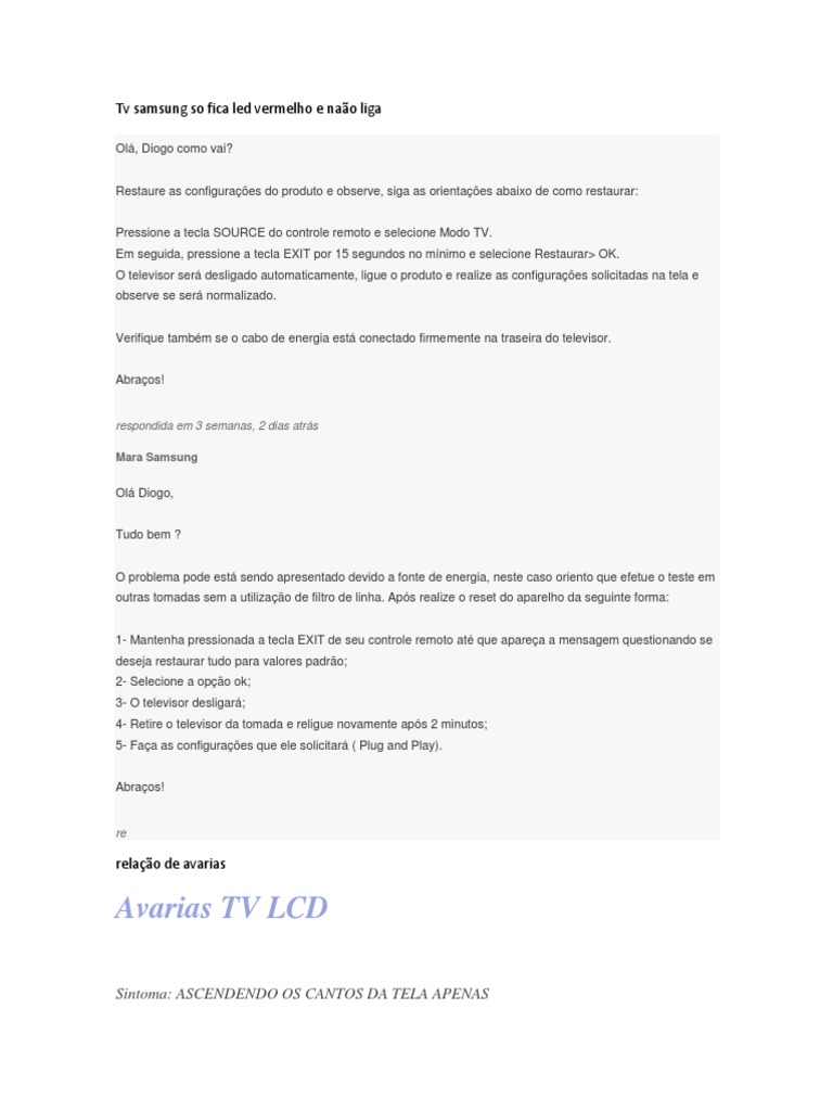 Defeitos TV Samsung e Outras