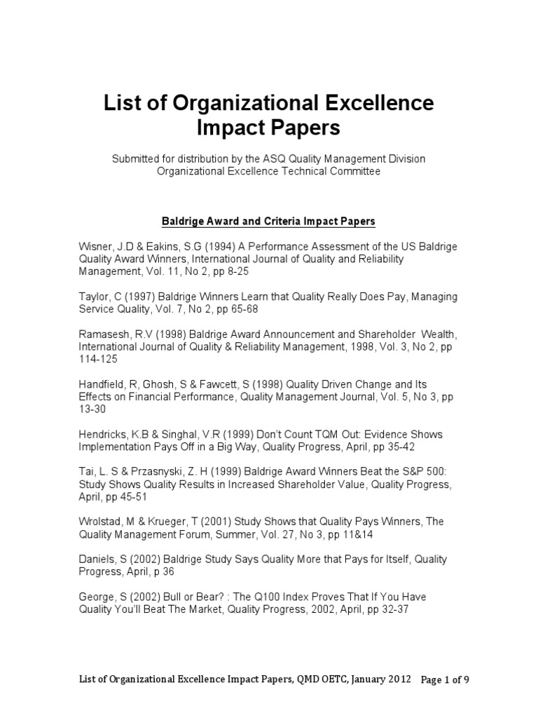 Organizational Excellence Impact Papers | PDF | Quality Management ...