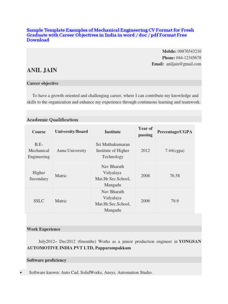 Mechanical Engineering CV Template | PDF | Engineering | Science And ...
