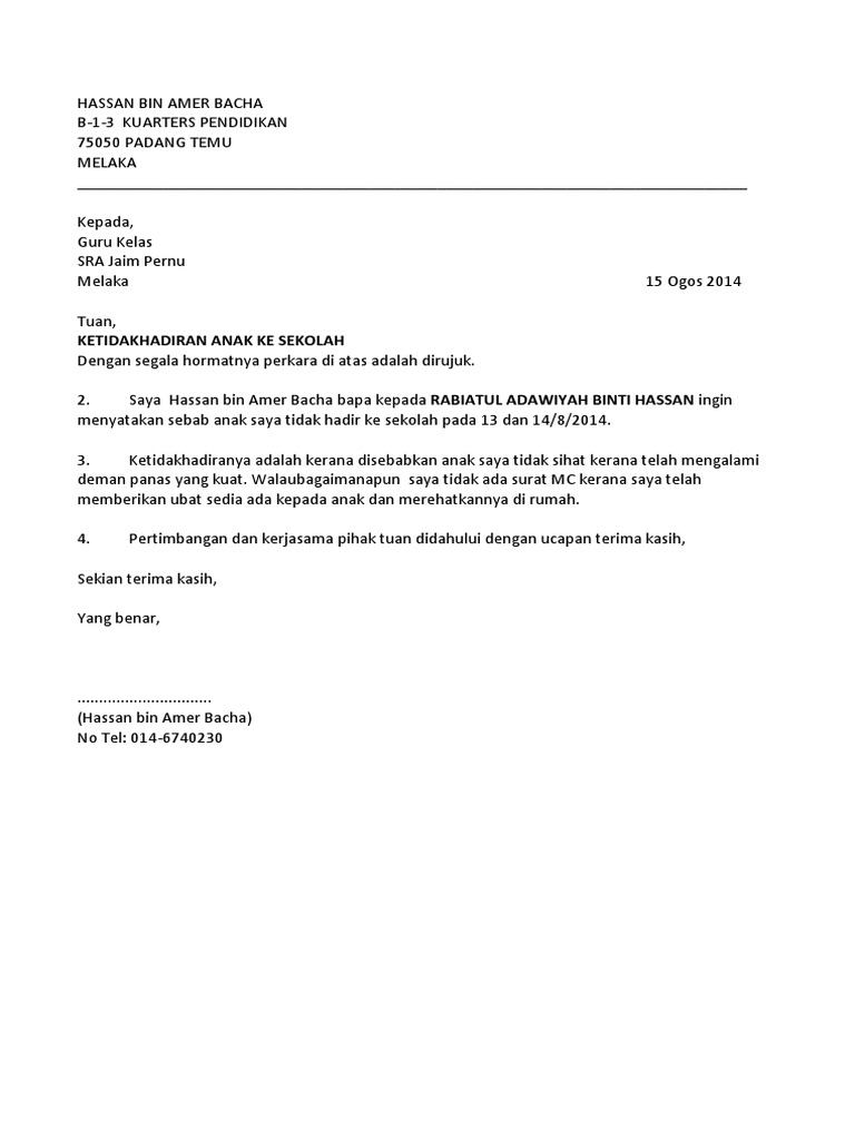 Contoh Surat Rasmi Ketidakhadiran Kesekolah