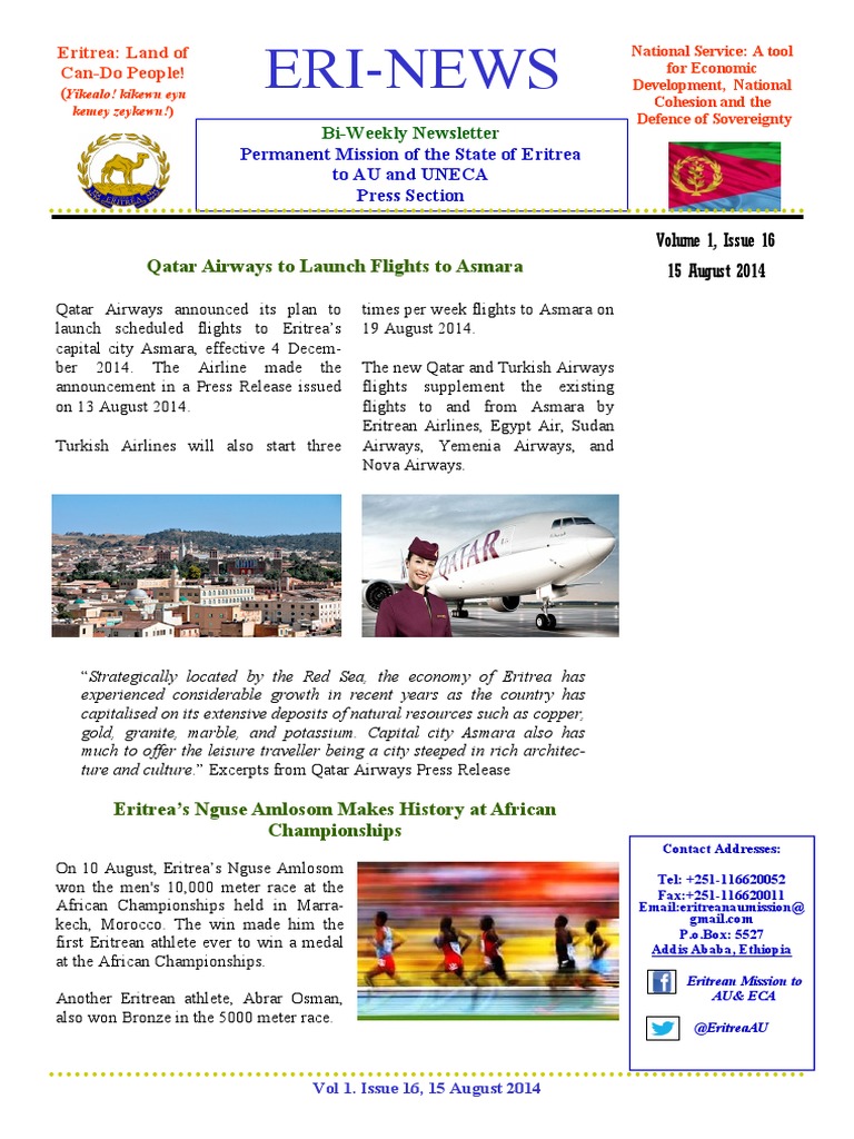 Erinews Qatar Airways To Launch Flights To Asmara PDF Eritrea